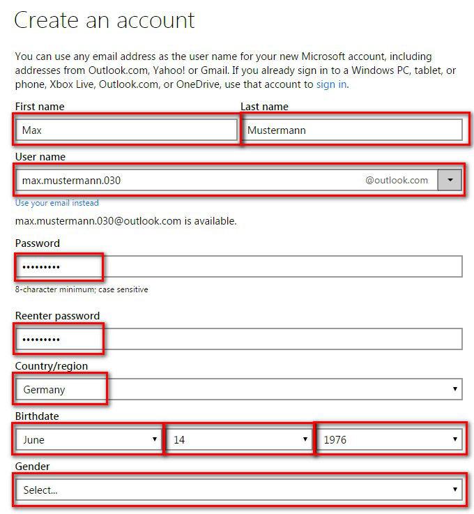 Creae Microsoft account: Individual Microsoft E-Mail Adresse, Name and more