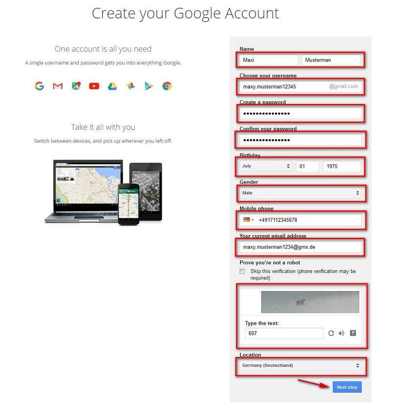 Example of creating a Gmail account
